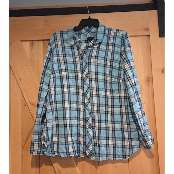 Talbots Womens Size XL Blue Plaid Button Up Shirt Metallic Thread - Picture 1 of 13